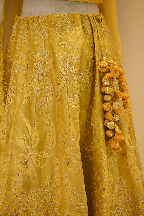 Yellow Organza Silk Bridal Lehenga with Floral Pakshi Applique Embellishments