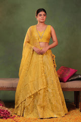 Yellow Organza Silk Bridal Lehenga with Floral Pakshi Applique Embellishments