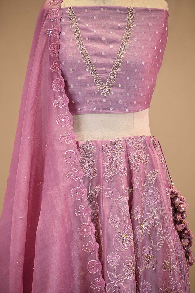 Mauve Organza Silk Bridal Lehenga with Floral Pakshi Applique Embellishments