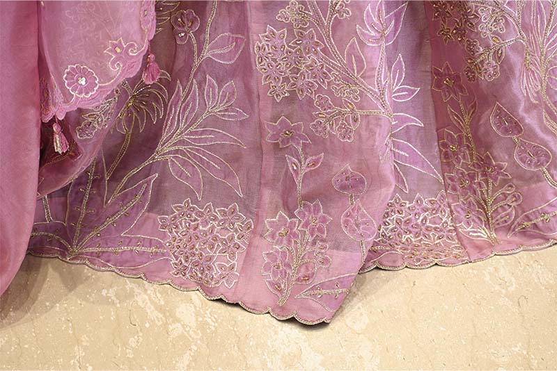 Mauve Organza Silk Bridal Lehenga with Floral Pakshi Applique Embellishments