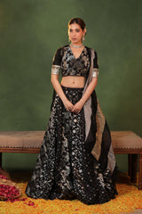 Black Banarasi Raw Silk Kalidar Bridesmaid Lehenga
