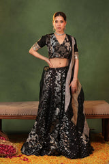Black Banarasi Raw Silk Kalidar Bridesmaid Lehenga