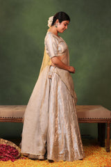 Silver Banarasi Tissue Silk Lehenga with Hand Embellished Blouse