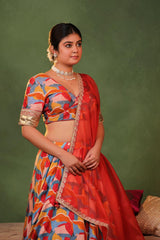 Multicolor Dupion Silk Lehenga with Abstract Print and Zari Buti Detailing