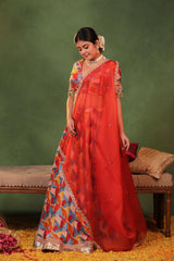 Multicolor Dupion Silk Lehenga with Abstract Print and Zari Buti Detailing