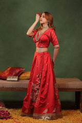 Red Handloom Banarasi Bridal Lehenga with Gayatri Mantra Hand-Embroidery