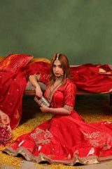 Red Handloom Banarasi Bridal Lehenga with Gayatri Mantra Hand-Embroidery