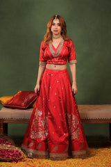 Red Handloom Banarasi Bridal Lehenga with Gayatri Mantra Hand-Embroidery