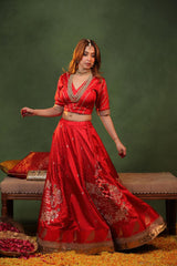 Red Handloom Banarasi Bridal Lehenga with Gayatri Mantra Hand-Embroidery