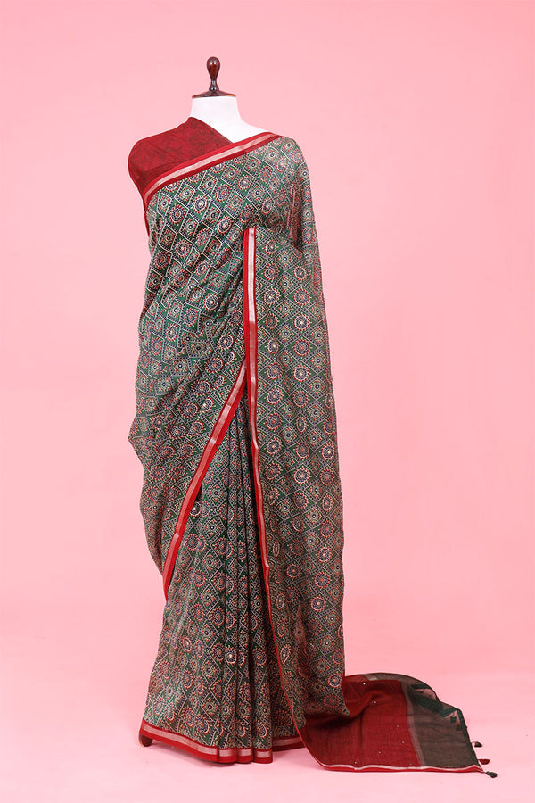 Bottle Green Ajrakh Printed Chanderi Silk Saree 1 for Women