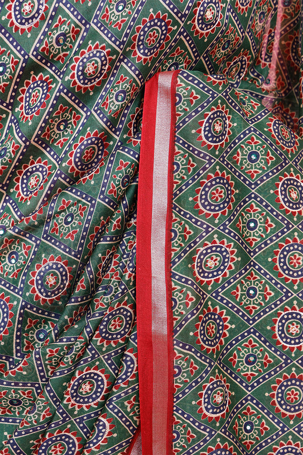 Bottle Green Ajrakh Printed Chanderi Silk Saree
