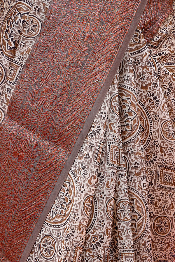 Brown  Ajrakh Printed Chanderi Silk Saree