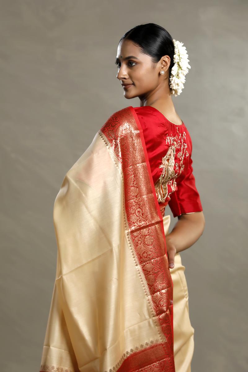 Beige And Red Chanderi Silk Saree with Black Antique Zari Border