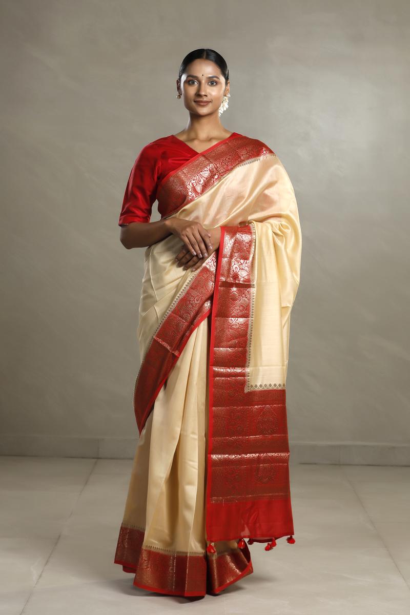 red saree, chanderi saree​, chanderi silk saree​, chanderi print