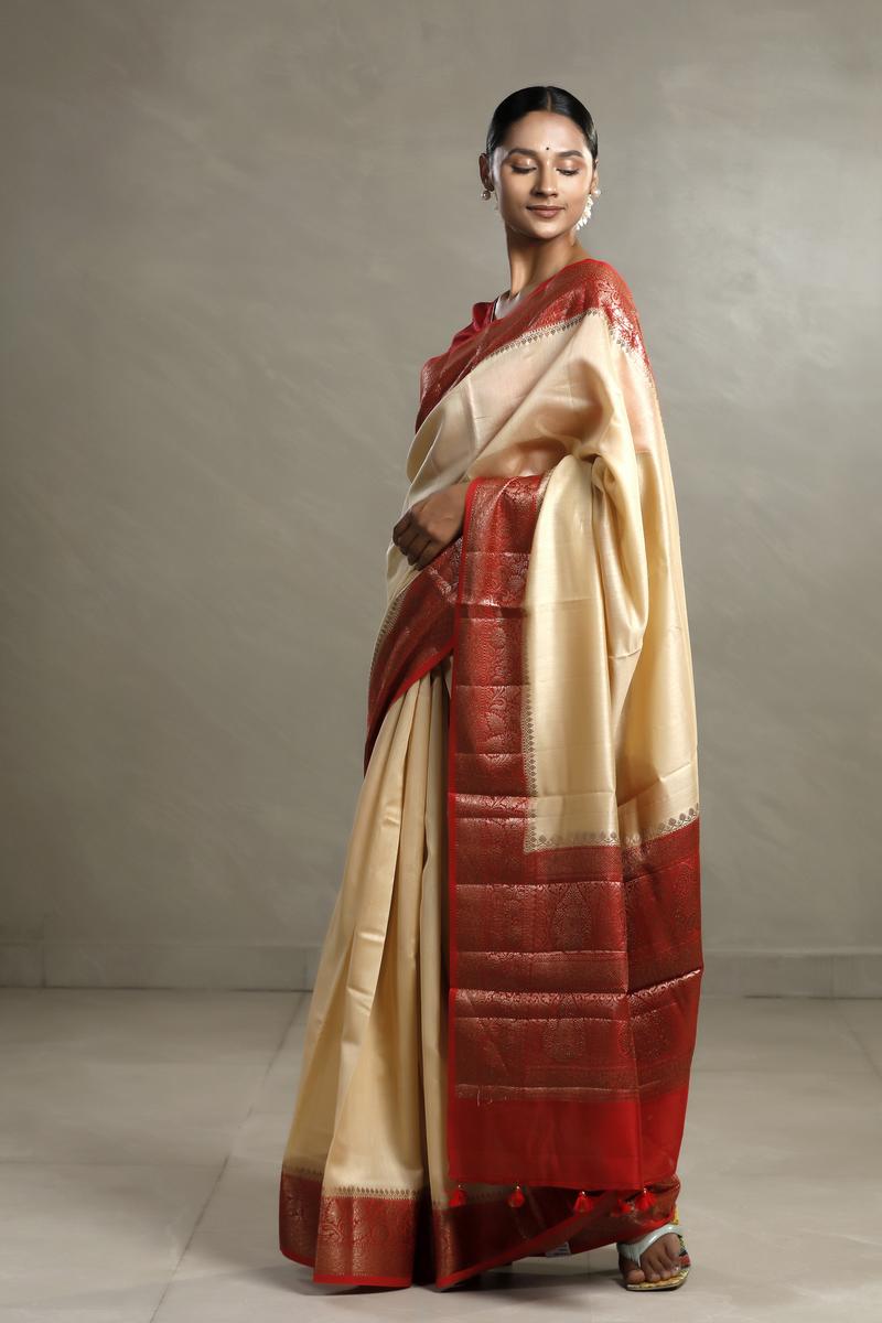 Beige And Red Chanderi Silk Saree with Black Antique Zari Border