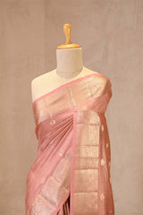 Dusty Peach Chanderi Silk Saree with Gold Zari Butis & Rich Pallu