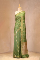 Olive Green Chanderi Silk Saree with Antique Zari Floral Buti and Woven Border