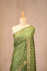 Olive Green Chanderi Silk Saree with Antique Zari Floral Buti & Woven Border