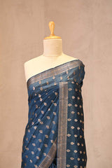 Classic Blue Chanderi Silk Saree with Antique Zari Floral Buti