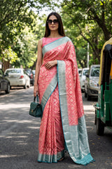 Pink and Blue Chanderi Silk Saree with Silver Zari Criss-Cross Jaal & Floral Border