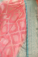 Pink and Blue Chanderi Silk Saree with Silver Zari Criss-Cross Jaal & Floral Border