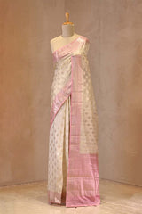 Off White and Pink Chanderi Silk Saree with Silver Zari Buta and Floral Border