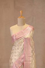 Off White and Pink Chanderi Silk Saree with Silver Zari Buta & Floral Border
