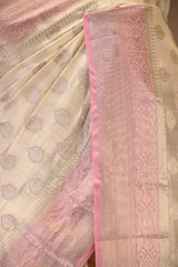 Off White and Pink Chanderi Silk Saree with Silver Zari Buta & Floral Border