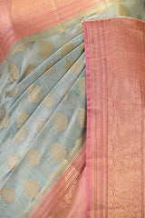 Steel Blue and Pink Chanderi Silk Saree with Gold Zari Floral Buta