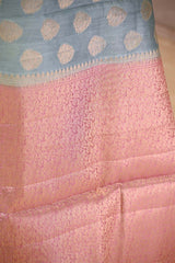 Steel Blue and Pink Chanderi Silk Saree with Gold Zari Floral Buta