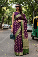 Women in Wine And Green Chanderi Silk Saree with Gold Zari Floral Buta & Rich Woven Border