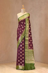 Wine and Green Chanderi Silk Saree with Gold Zari Floral Buta and Rich Woven Border