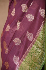 Wine And Green Chanderi Silk Saree with Gold Zari Floral Buta & Rich Woven Border