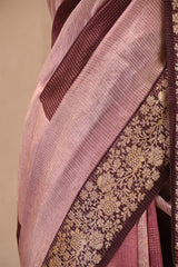 Wine Digital Printed Chanderi Silk Saree with Zari Checks & Floral Pallu