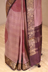 Wine Digital Printed Chanderi Silk Saree with Zari Checks & Floral Pallu