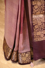 Wine Digital Printed Chanderi Silk Saree with Zari Checks & Floral Pallu