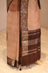 Brown Digital Printed Chanderi Silk Saree with Zari Checks & Floral Pallu