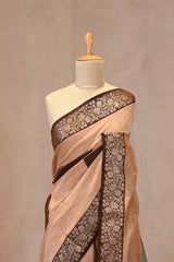 Brown Digital Printed Chanderi Silk Saree with Zari Checks & Floral Pallu