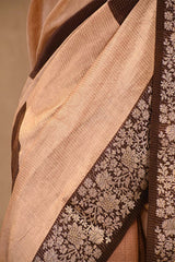 Brown Digital Printed Chanderi Silk Saree with Zari Checks & Floral Pallu