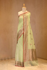Sage Green Chanderi Silk Saree With Antique Zari Ethnic Woven Butis