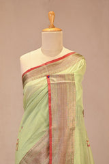 Sage Green Chanderi Silk Saree With Antique Zari Ethnic Woven Butis