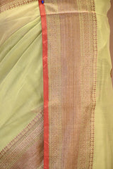 Sage Green Chanderi Silk Saree With Antique Zari Ethnic Woven Butis