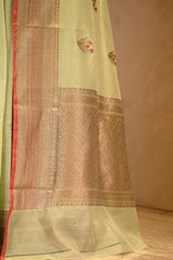 Sage Green Chanderi Silk Saree With Antique Zari Ethnic Woven Butis