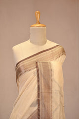 Off White Chanderi Silk Saree With Antique Zari Ethnic Woven Butis