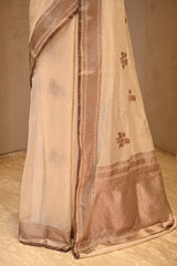 Off White Chanderi Silk Saree With Antique Zari Ethnic Woven Butis