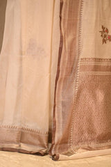 Off White Chanderi Silk Saree With Antique Zari Ethnic Woven Butis