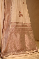 Off White Chanderi Silk Saree With Antique Zari Ethnic Woven Butis