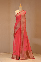 Red Chanderi Silk Saree With Antique Zari Ethnic Woven Butis