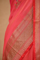 Red Chanderi Silk Saree With Antique Zari Ethnic Woven Butis