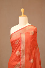 Rust Red Chanderi Silk Saree with Zari Meenakari Buta